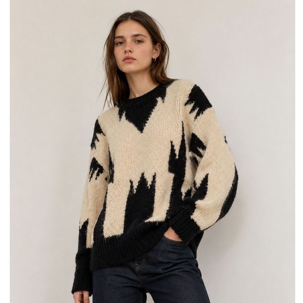 Angel Hand Knit Abstract Sweater Black Cream Poet Core Dark Academia Indie Small